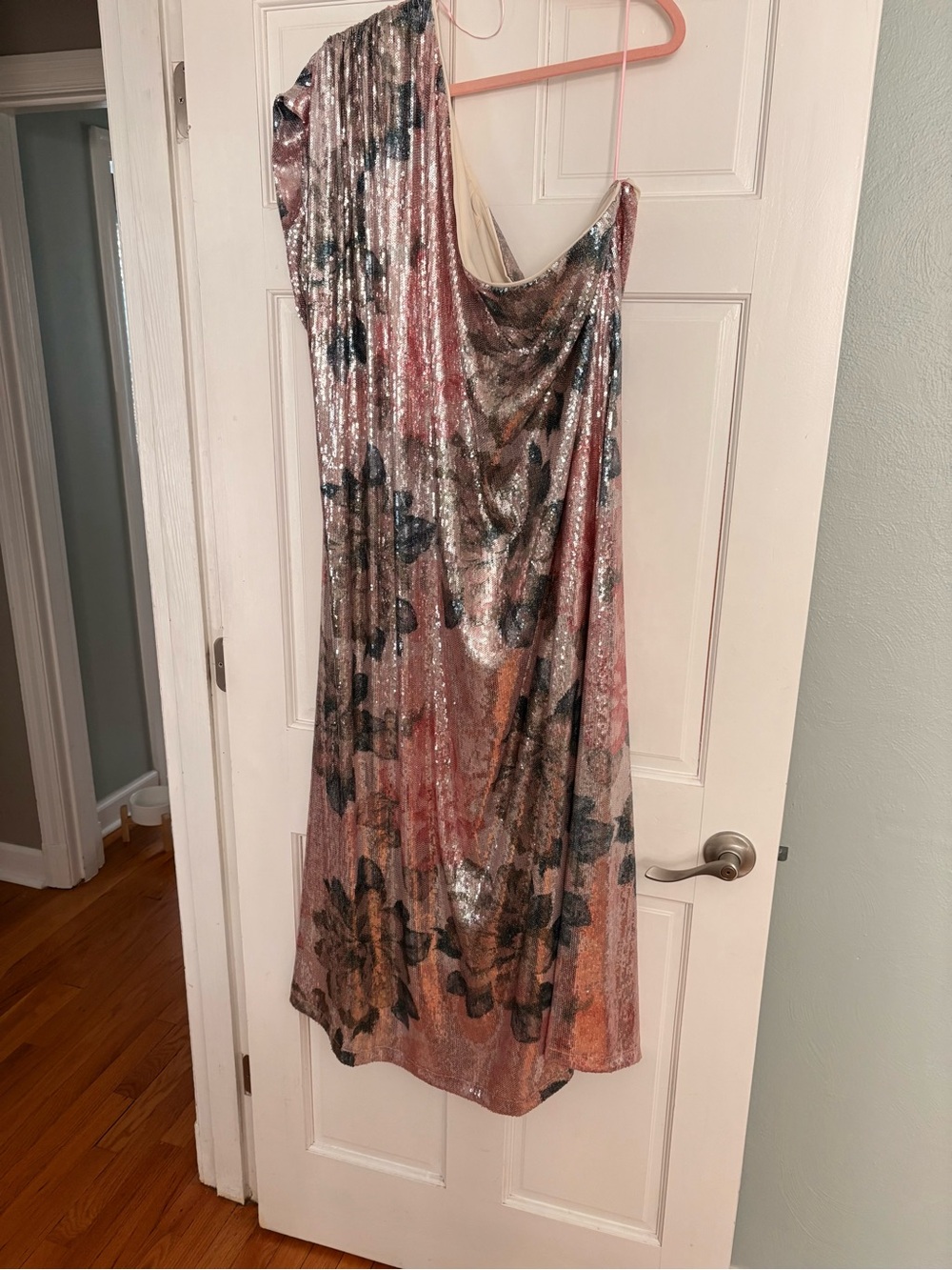 Anthropologie Pink Sequin Floral One-Shoulder Midi Dress